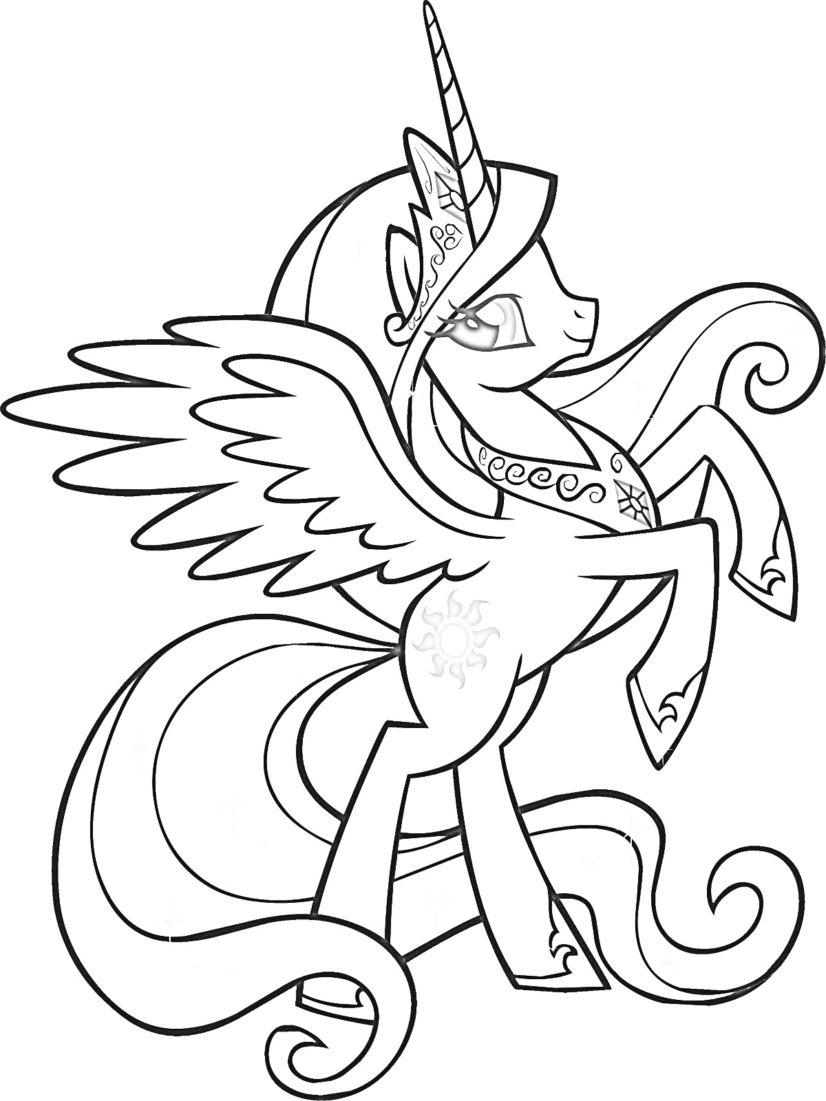 Раскраска Пони с крыльями и рогом, символом солнца на боку и с украшениями на шее