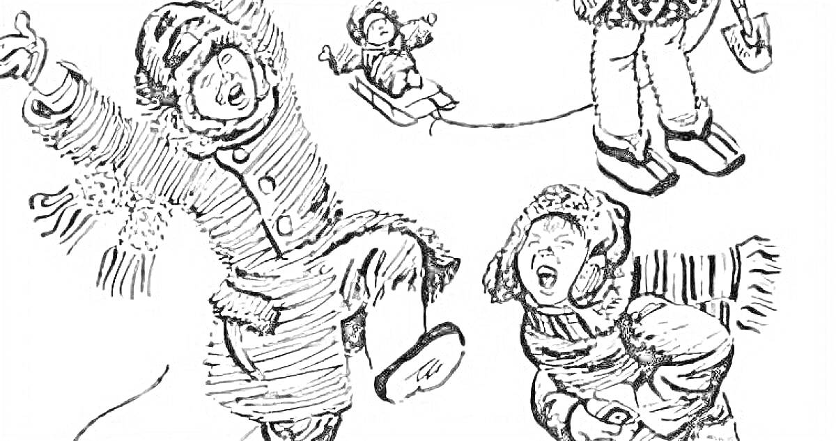 Раскраска Дети играют на улице зимой; мальчик прыгает, девочка сидит и улыбается, малыш на санках, взрослые держат санки