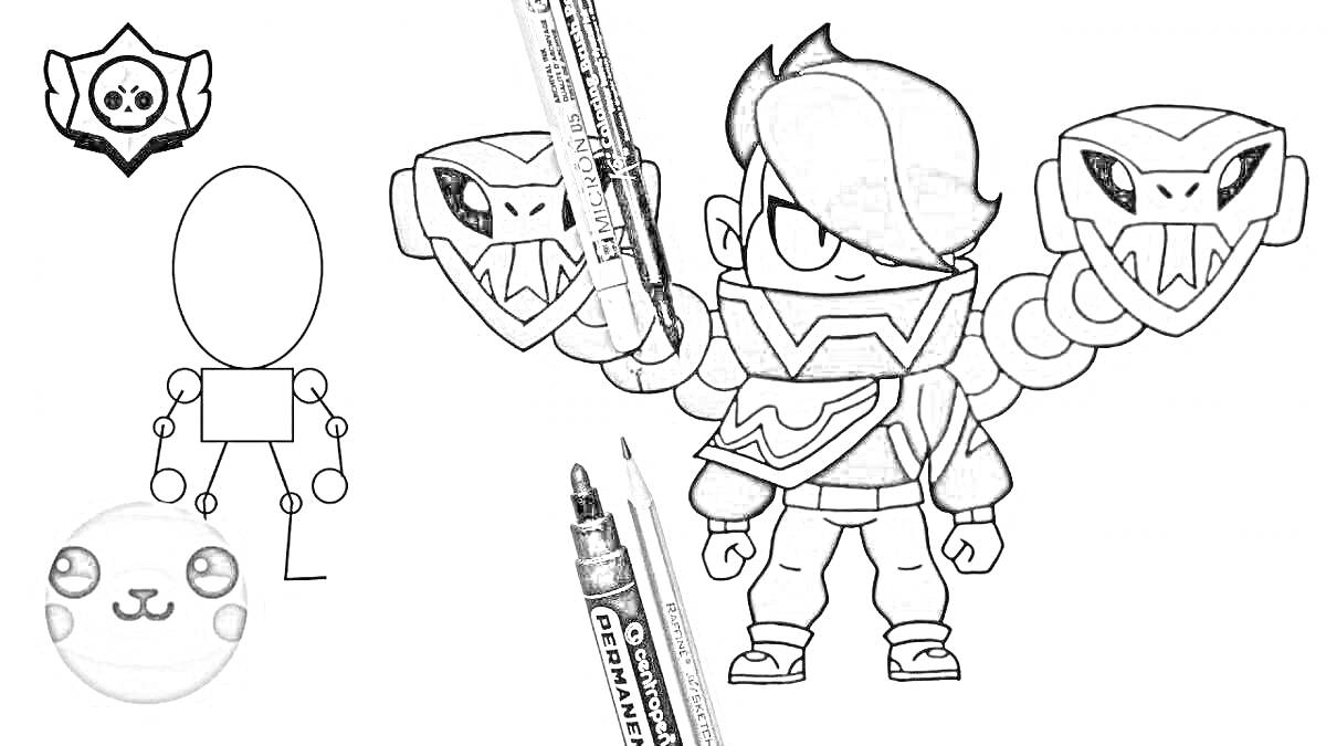 Раскраска Раскраска с персонажем Браво Старс Орочи Эдгар, два робота-змея за спиной, черный маркер в руках, значок Браво Старс в верхнем левом углу, пошаговый рисунок персонажа в левом нижнем углу