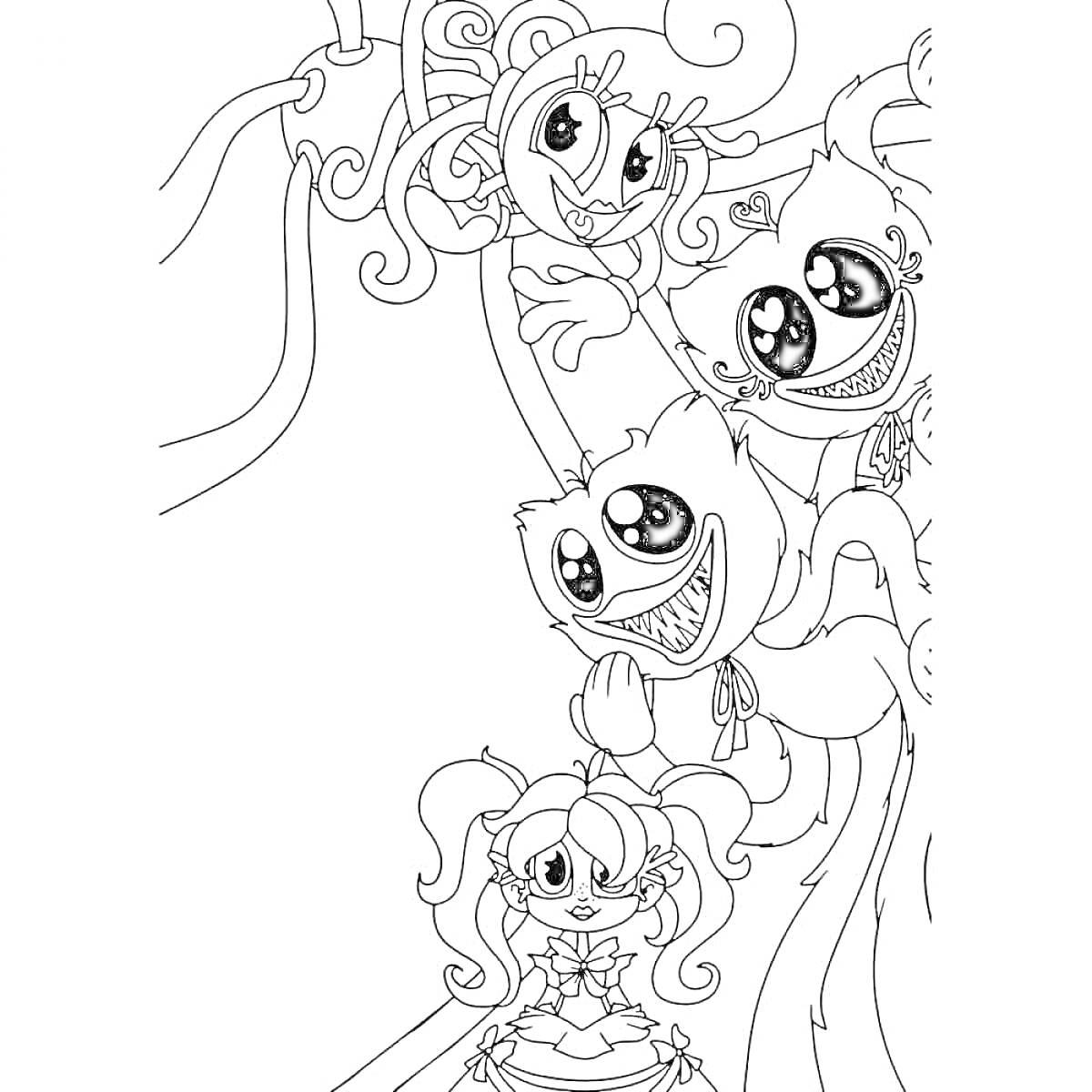 Раскраска Три существа с большими глазами и улыбками, девушка с двумя хвостиками и большим бантом, многочисленные чернильные щупальца