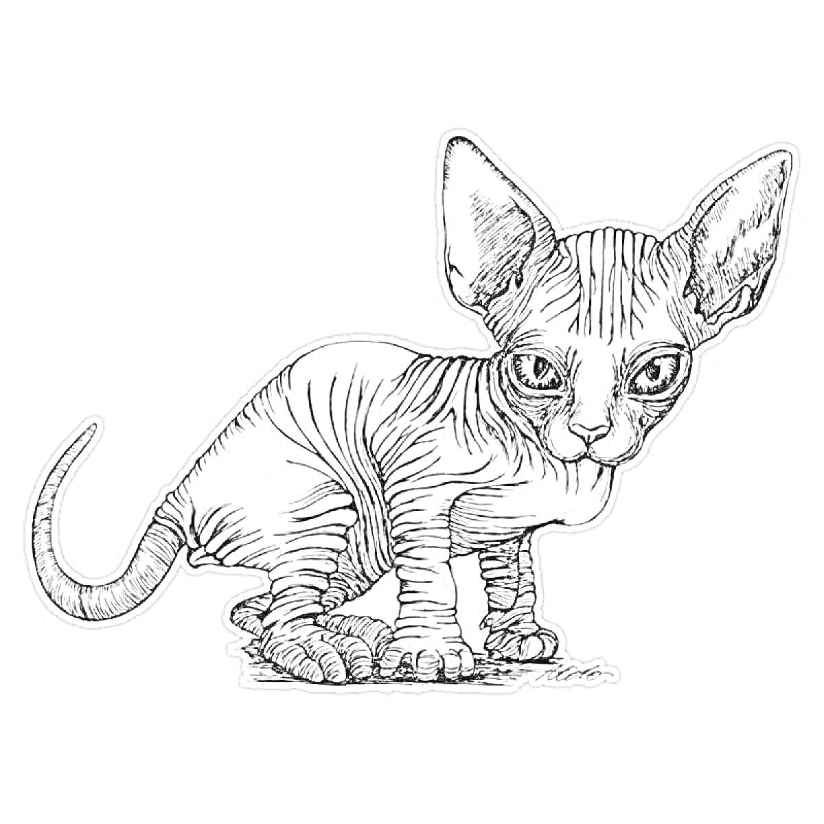 На раскраске изображено: Кот, Сфинкс, Большие уши, Земля