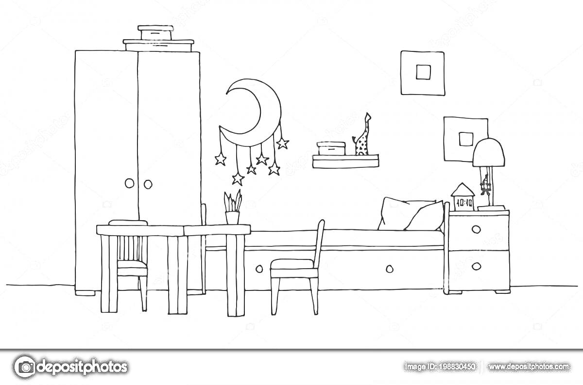 Раскраска Спальня с кроватью, шкафом, столом и декором в стиле тока бока