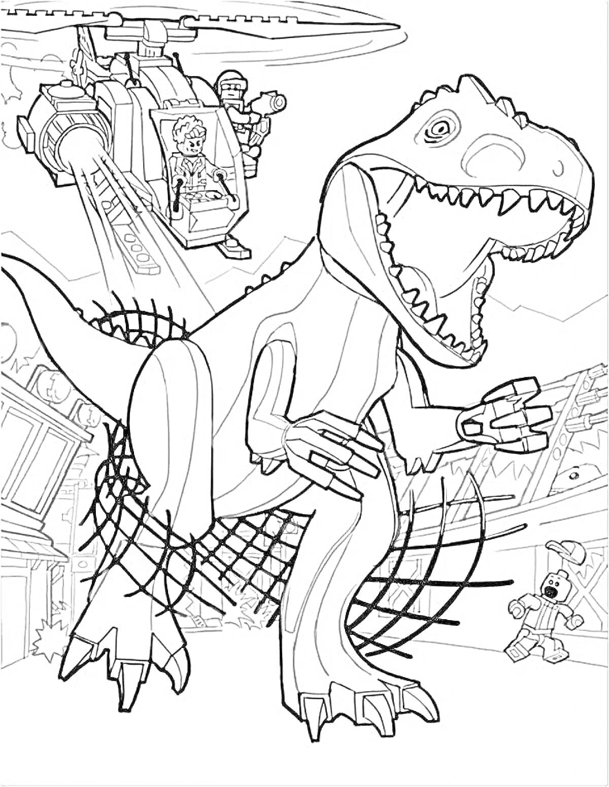 Раскраска Лего парк юрского периода с тираннозавром, вертолетом и человечками