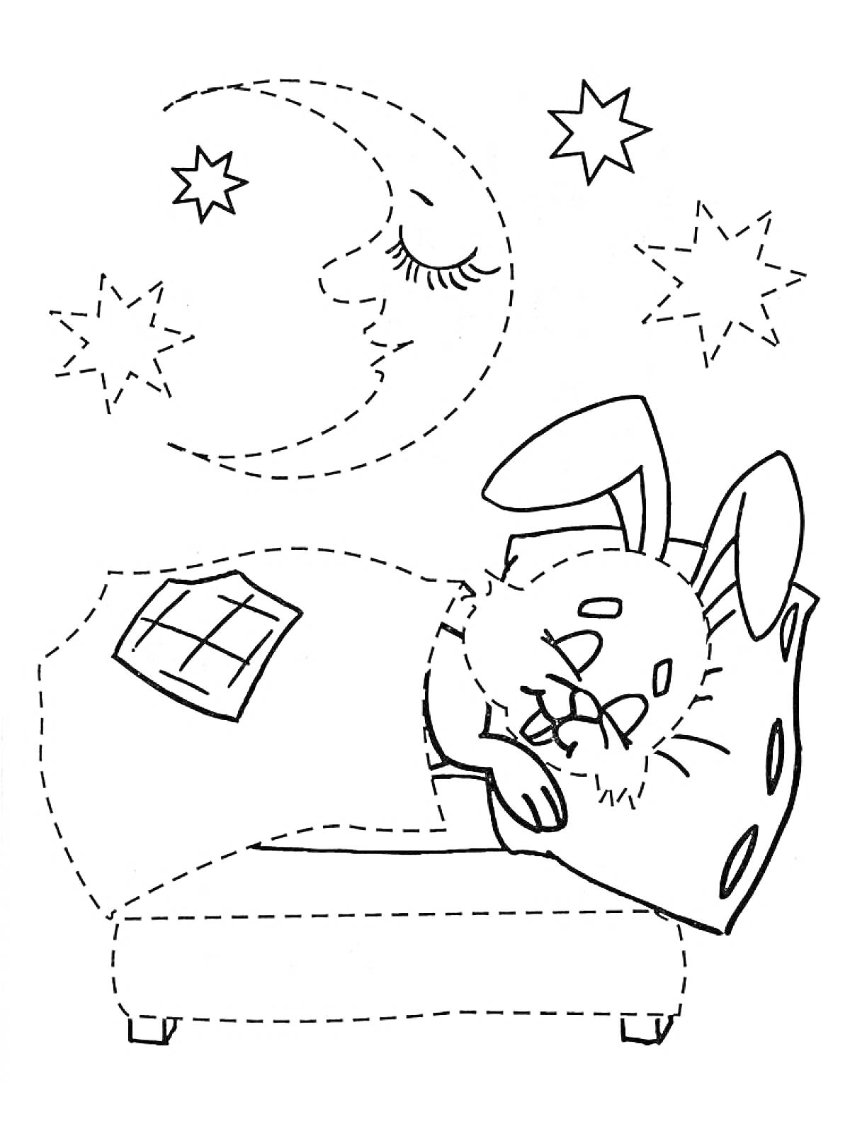 Раскраска Кролик спит, укрывшись одеялом, под подушкой, на фоне луны и звезд