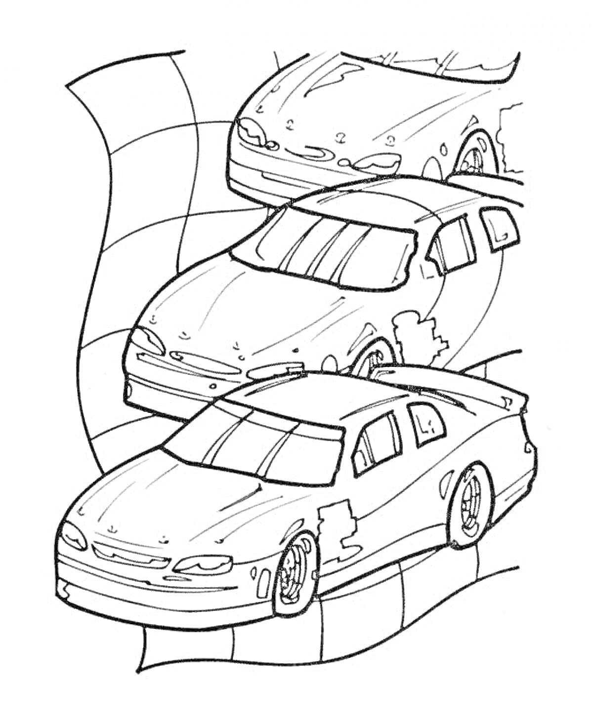 Раскраска Три гоночных автомобиля на шахматной финишной ленте