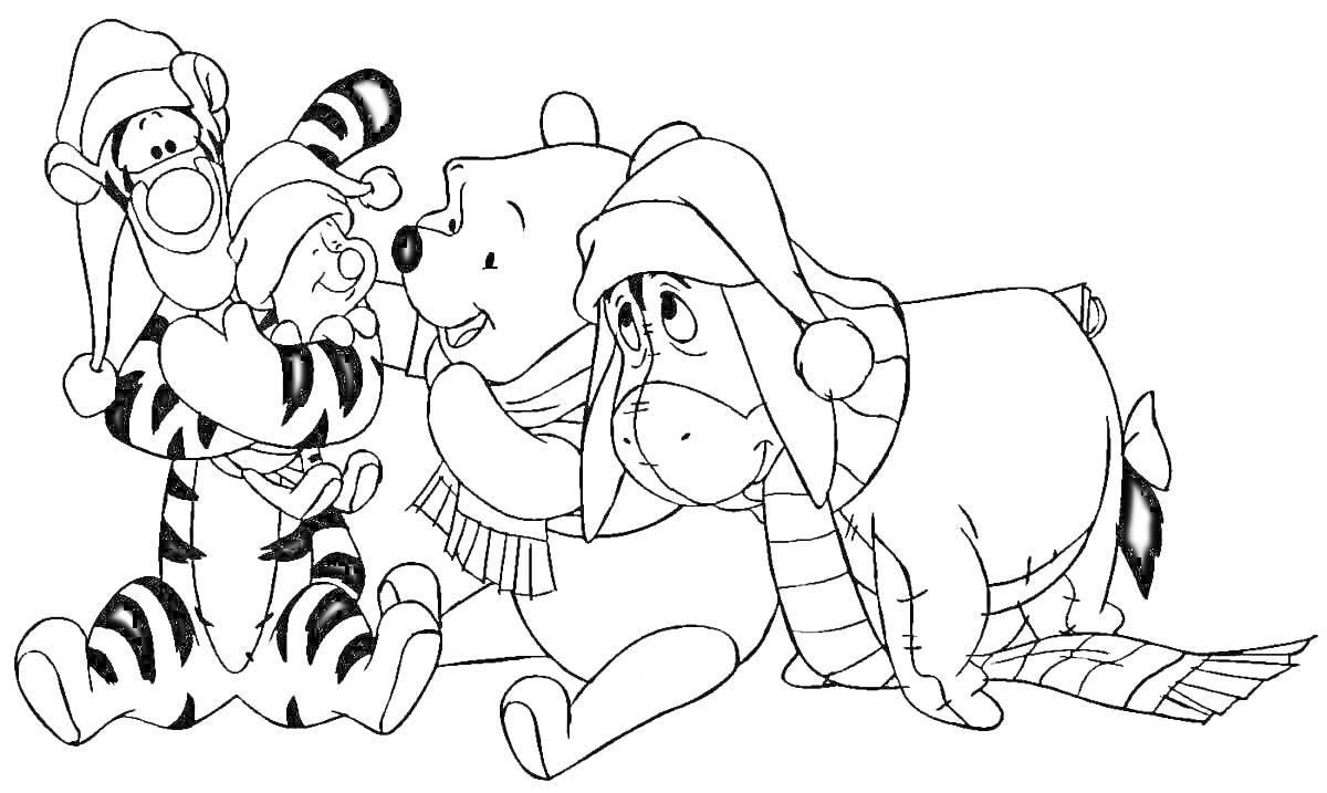 На раскраске изображено: Винни-Пух, Тигра, Иа, Зима, Зимние шапки, Друзья, Детские