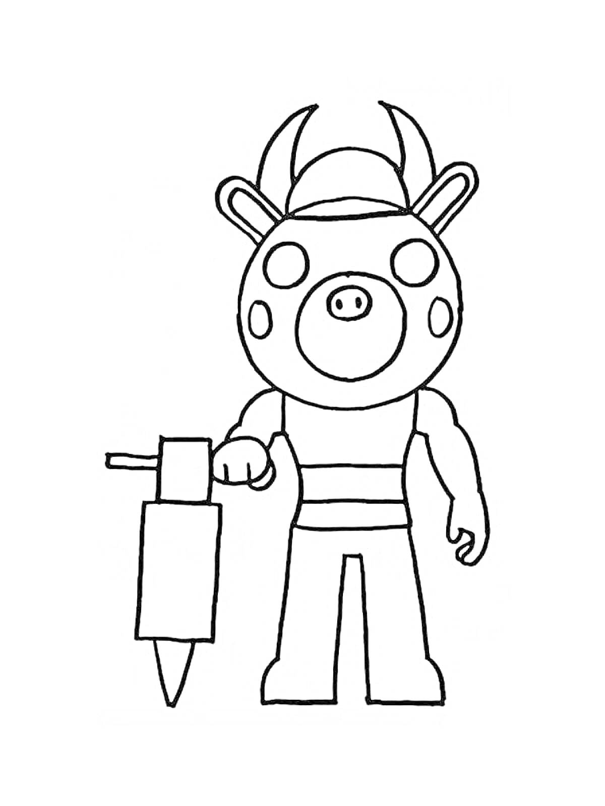 Раскраска Свинья с дрелью и рогами из игры Роблокс