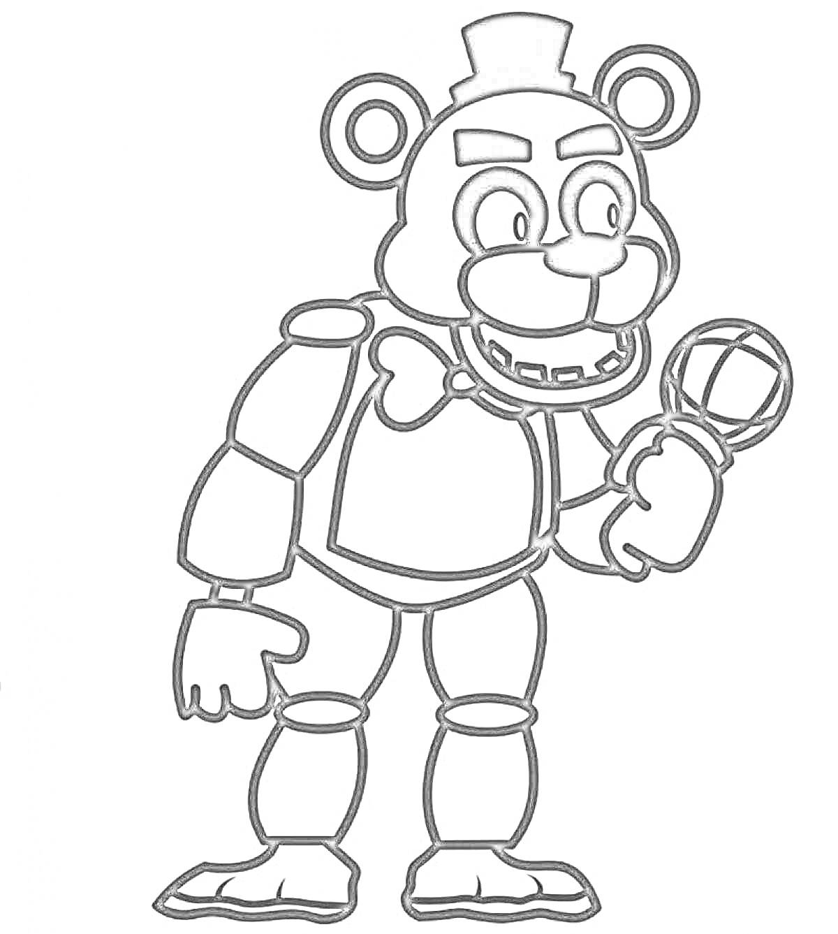 На раскраске изображено: Аниматроник, Медведь, Микрофон, Шляпа, Бабочка, Fnaf, Игра, Детализированное изображение, Механика