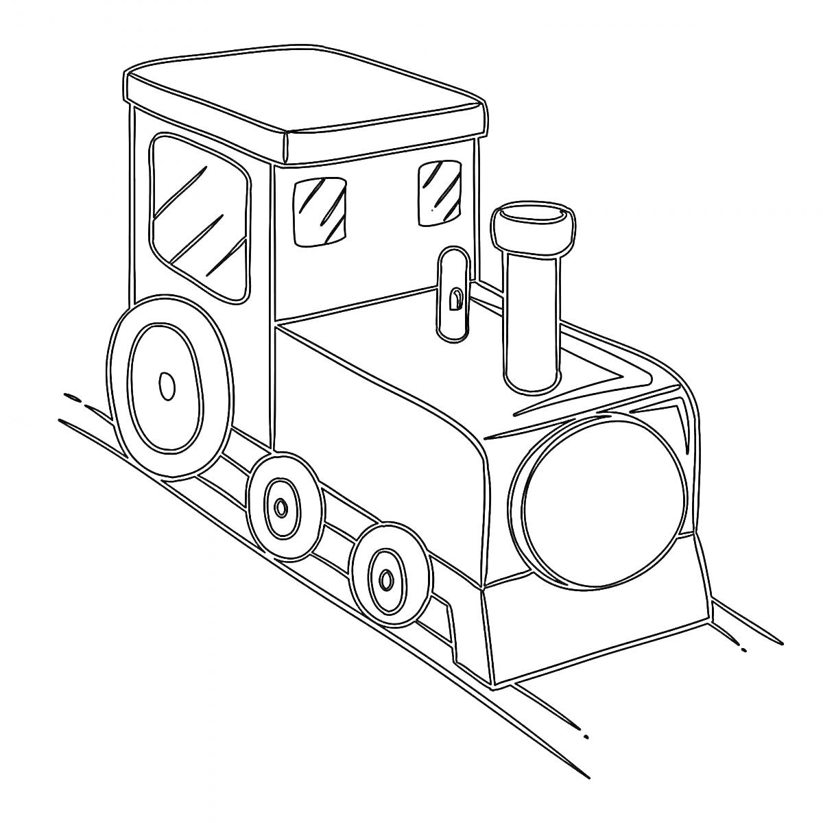 На раскраске изображено: Поезд, Рельсы, Труба, Окна, Детский транспорт