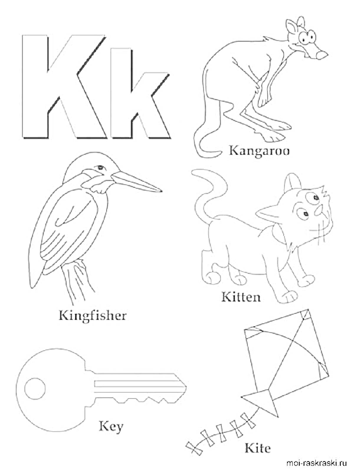 На раскраске изображено: Английский алфавит, Буква K, Кенгуру, Зимородок, Ключ, Воздушный змей