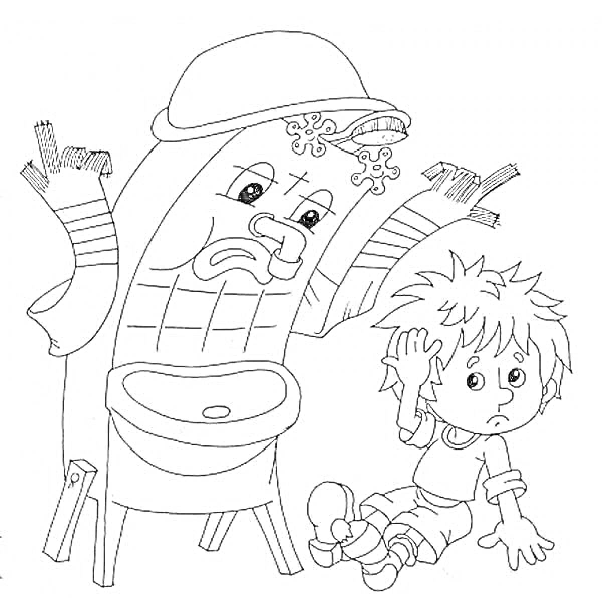 Раскраска Мальчик и говорящий карандаш в шляпе