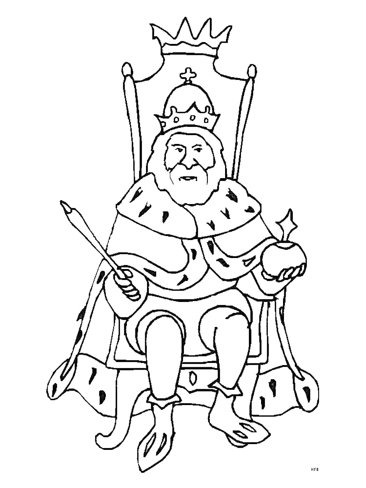 На раскраске изображено: Царь, Трон, Корона, Держава, Скипетр, Мантия