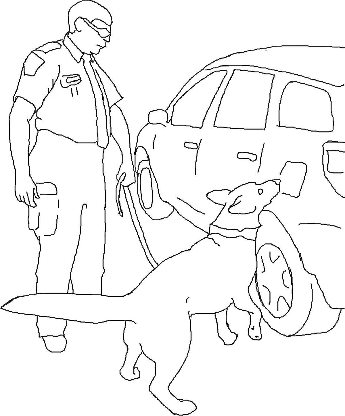 На раскраске изображено: Собака, Патруль, Человек, Безопасность, Полиция
