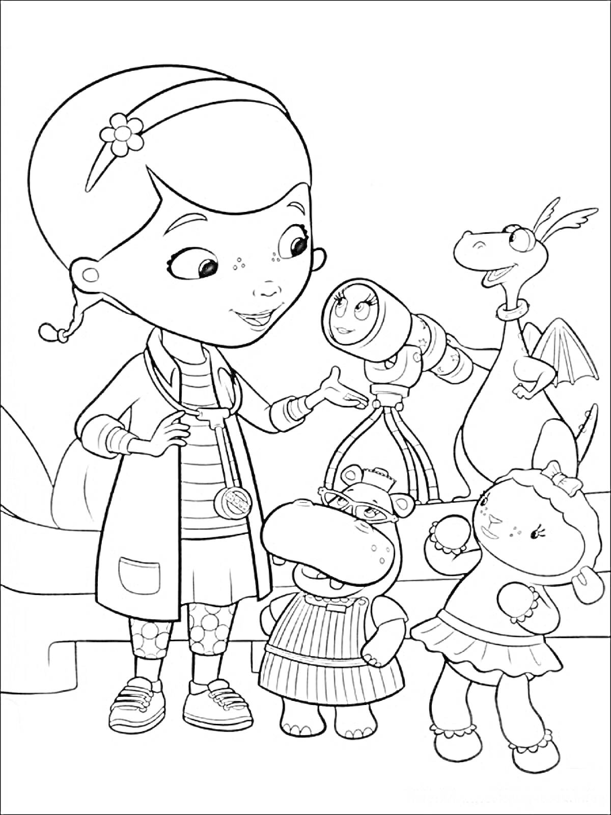 Раскраска Доктор Плюшева с друзьями - бегемот, дракон, овечка, робот
