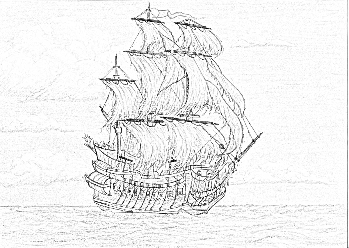 На раскраске изображено: Парусный корабль, Море, Паруса, Морской пейзаж, Небо
