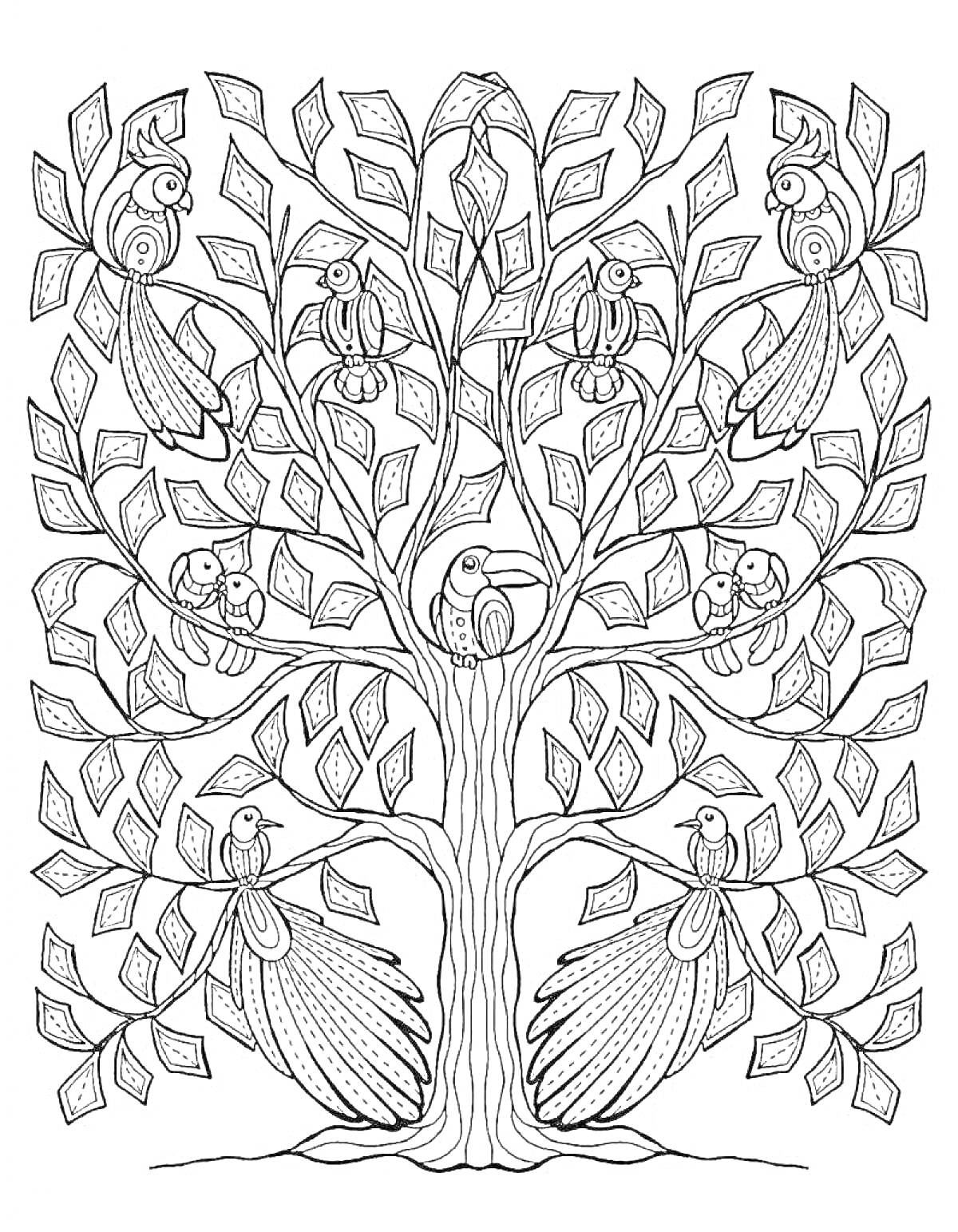 Раскраска Дерево жизни с птицами на ветвях и листьями