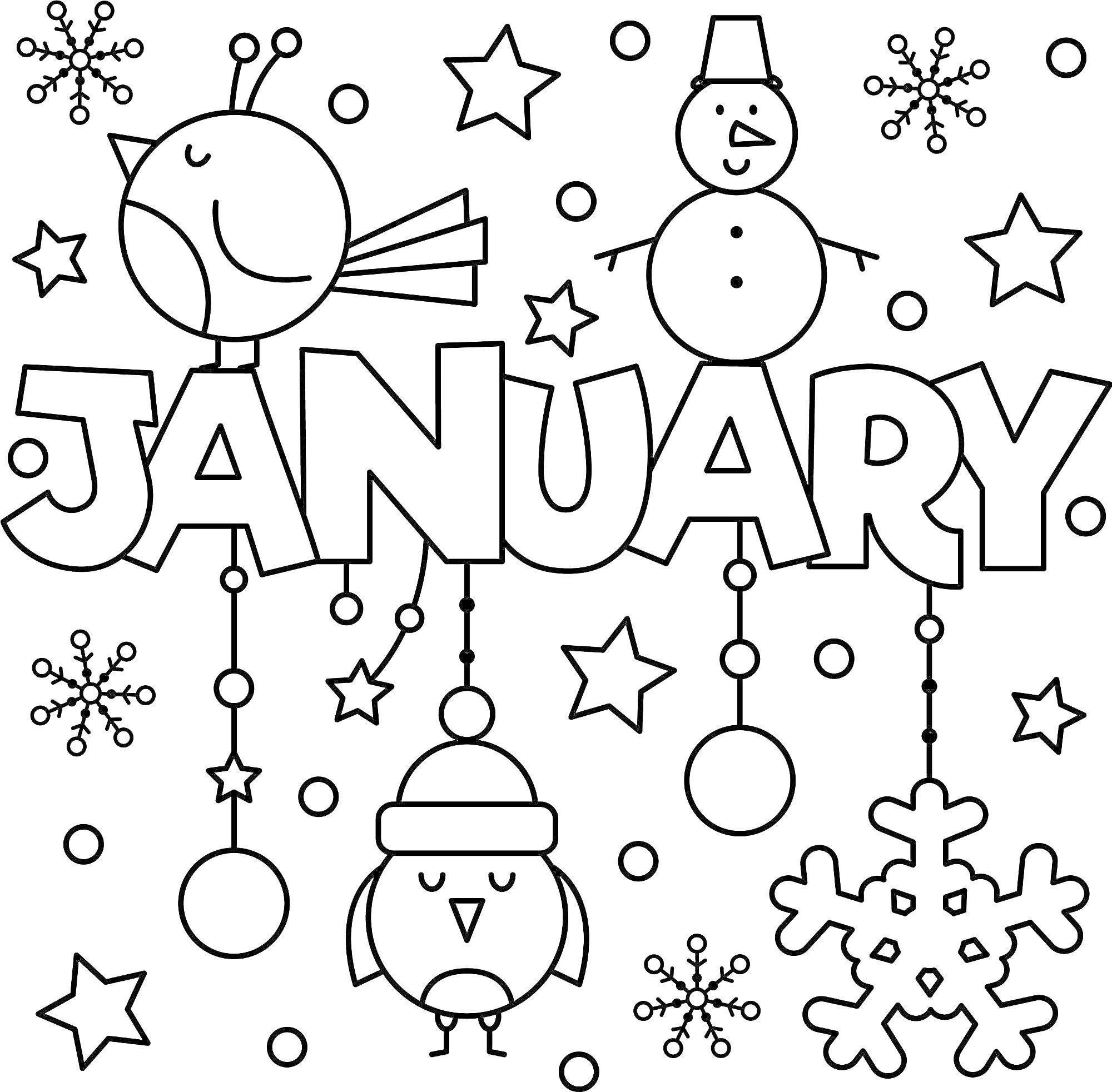 Раскраска Январь, снеговик, птицы, снежинки, звёзды, шары