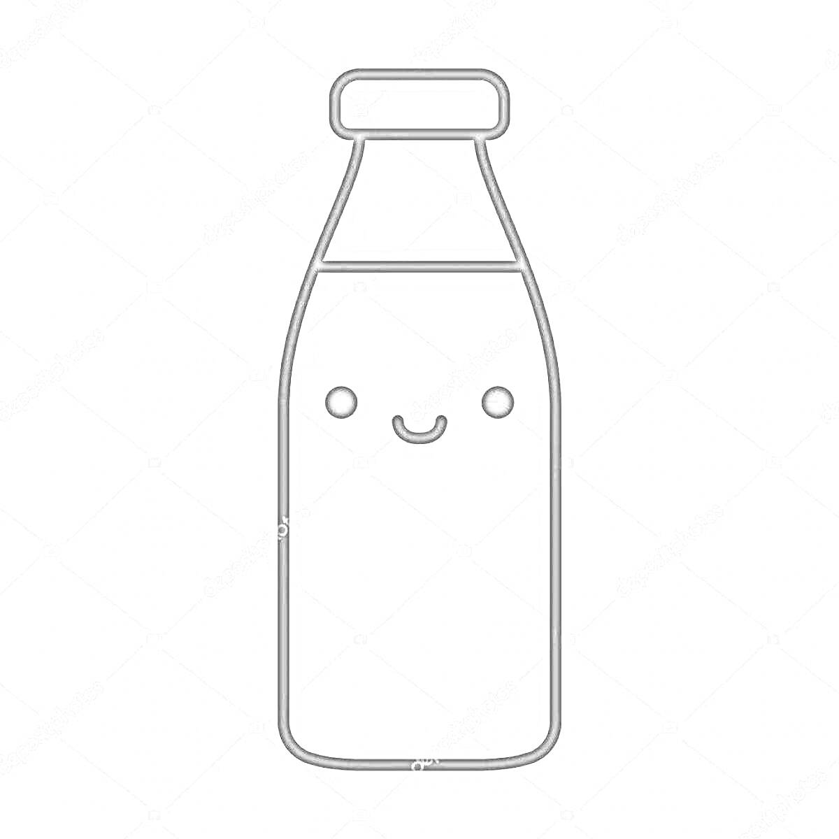 На раскраске изображено: Бутылка, Молоко, Улыбка, Персонаж