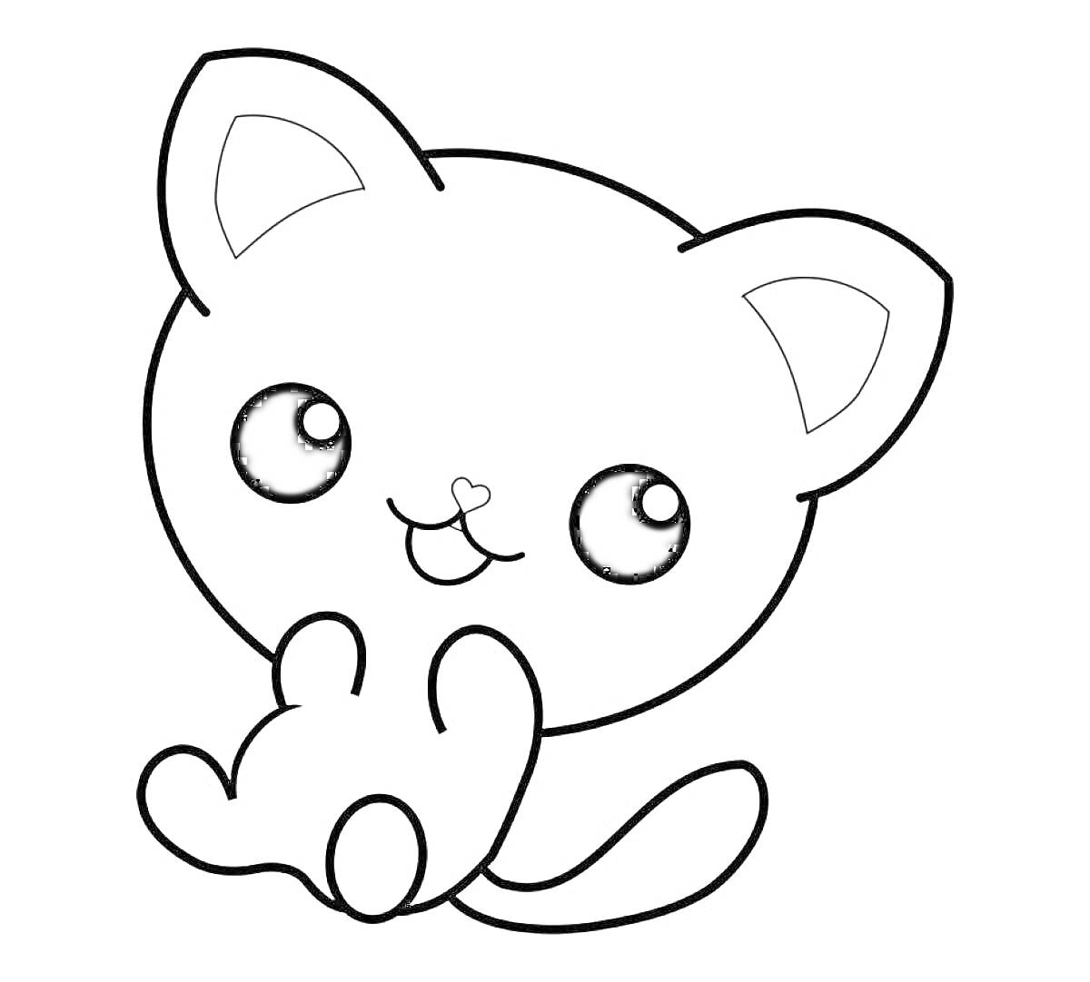 Раскраска Котик с большими глазами и маленьким ртом, сидящий с поднятыми лапками