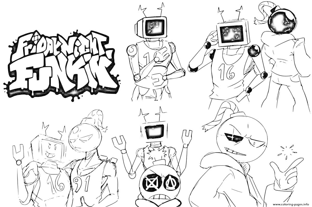 Раскраска Friday Night Funkin' персонажи, включающие роботов с телевизорами вместо голов и человека в капюшоне