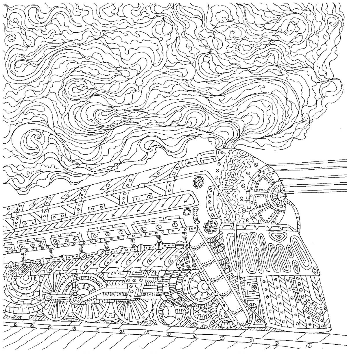 Раскраска Паровоз с детализированными узорами и дымящимся дымом