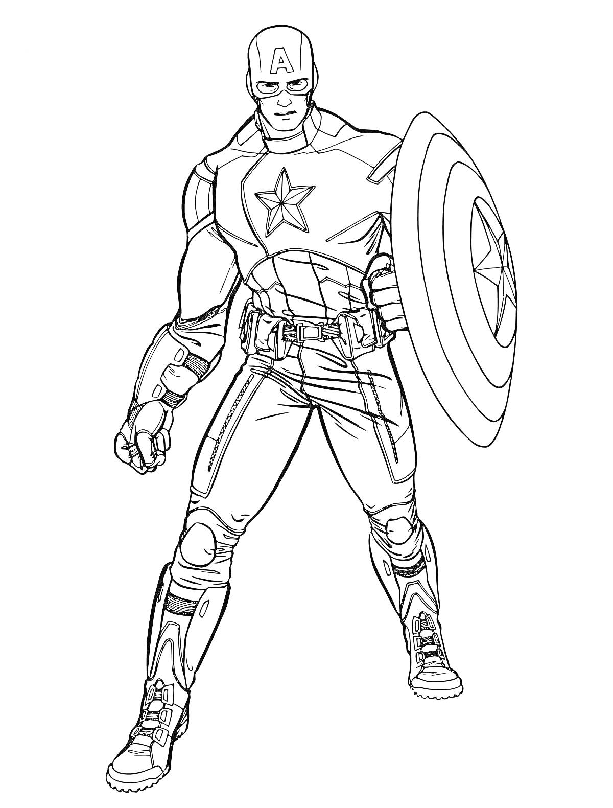 На раскраске изображено: Капитан америка, Щит, Боевой костюм, Комиксы, Мстители, Марвел, Супергерои