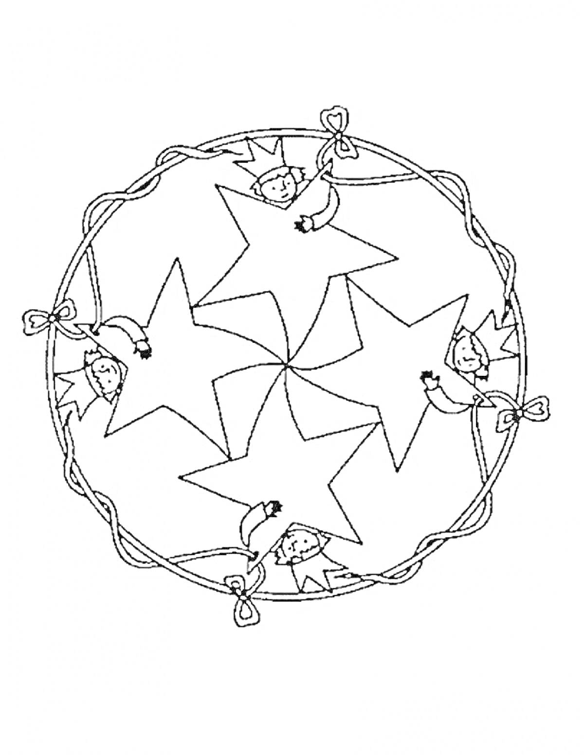 Раскраска мандала с пятью звездами и пятью эльфами, обрамленная ленточками и бантиками