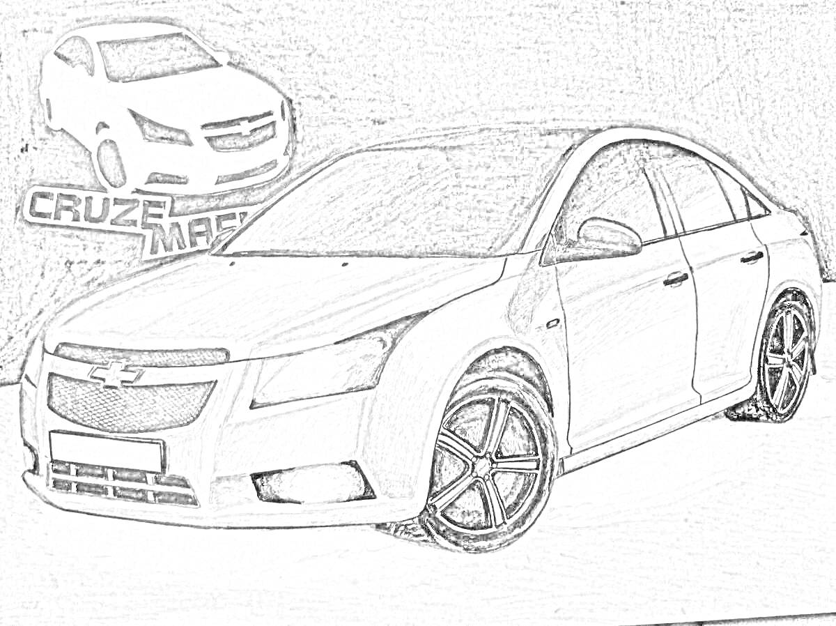 Раскраска Черно-белая раскраска автомобиля Chevrolet Cruze на фоне логотипа и надписи 'CRUZE MACH'