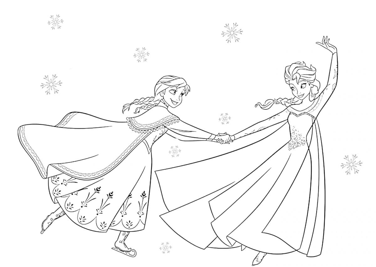Раскраска Две девушки в платьях, держащиеся за руки, на фоне снежинок