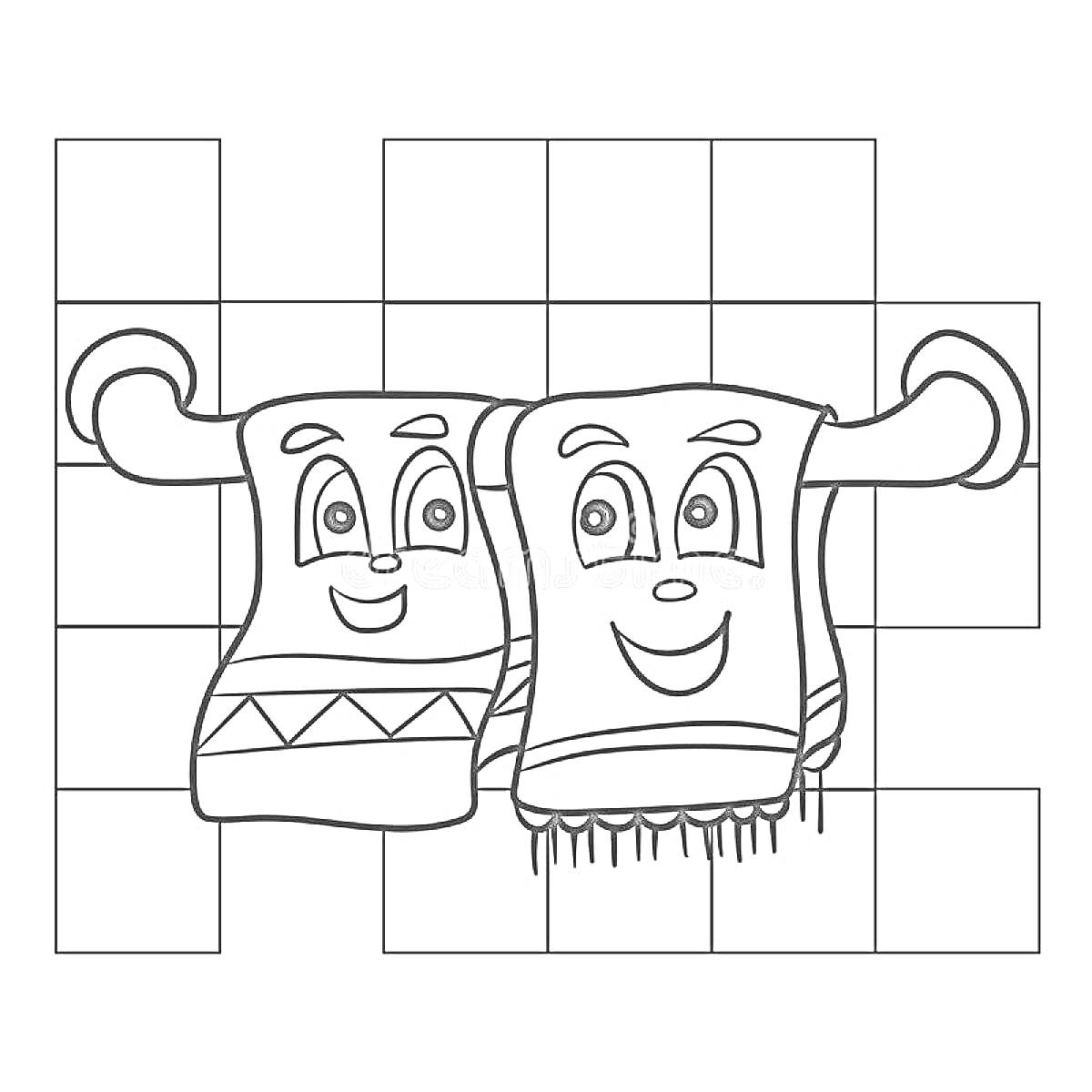 Два полотенца с лицами на вешалке, плиточный фон