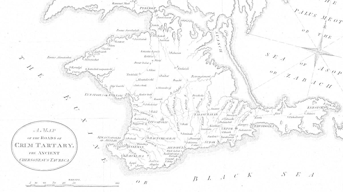 Старинная карта Крыма с обозначением городов, рек и гор, декоративным компасом и надписями
