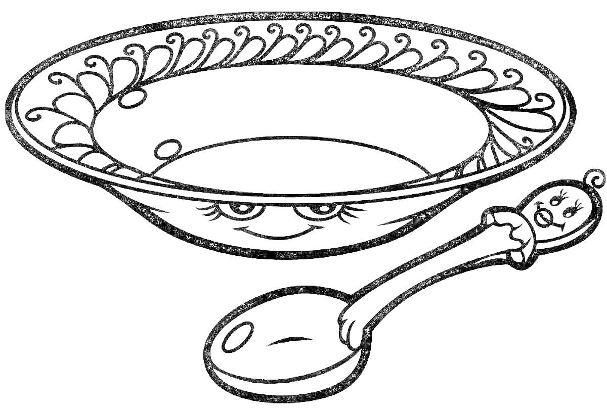 Раскраска Тарелка с узором и ложка с мордочкой