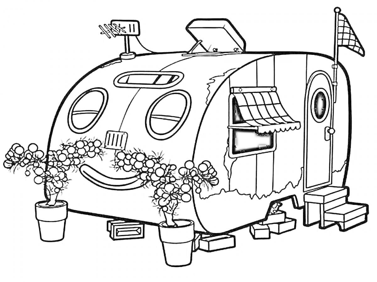 Раскраска Дом будущего на колесах с антеннами, растениями в горшках, ступеньками и флагом