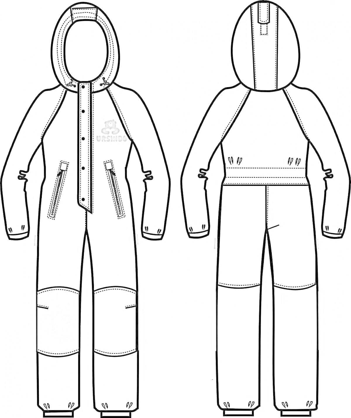 Комбинезон с капюшоном, нагрудным карманом и накладками на коленях