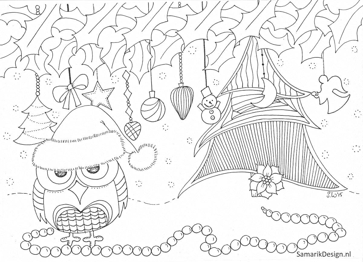 На раскраске изображено: Новогодняя елка, Шапка Деда Мороза, Новогодние шары, Венок, Ёлочные игрушки, Снежный пейзаж