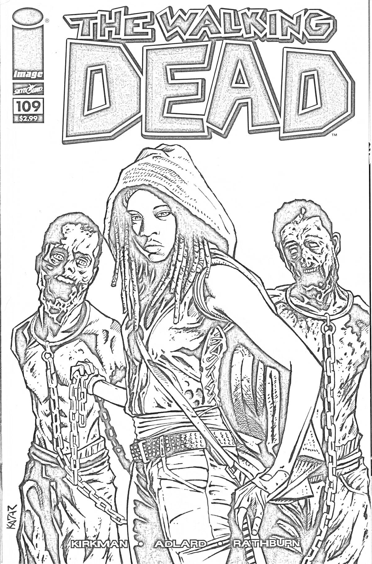 На раскраске изображено: Ходячие мертвецы, Зомби, Комиксы, Женщина, Оружие