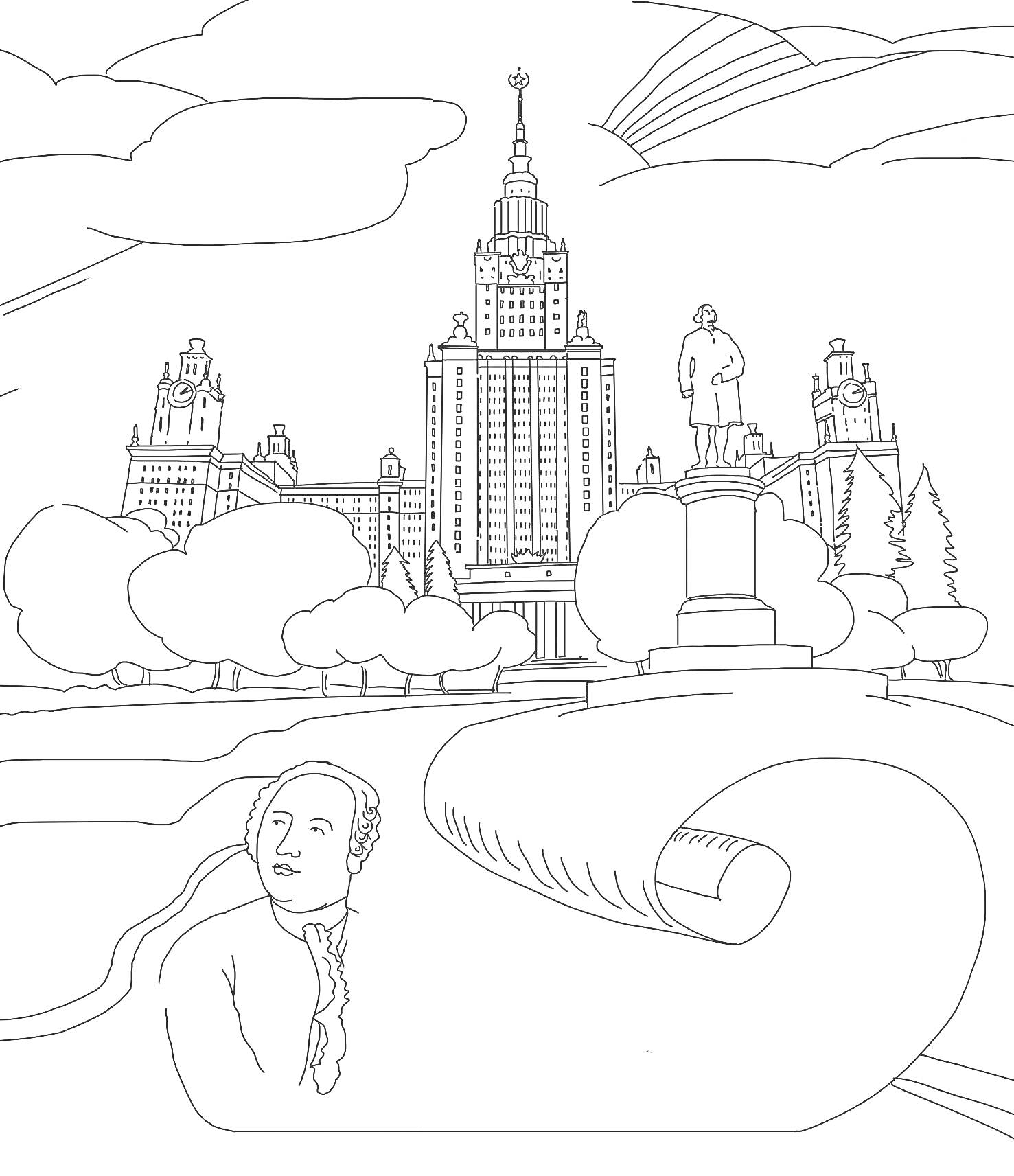 Московский государственный университет (МГУ), памятник Ломоносову и аллея с деревьями и облаками