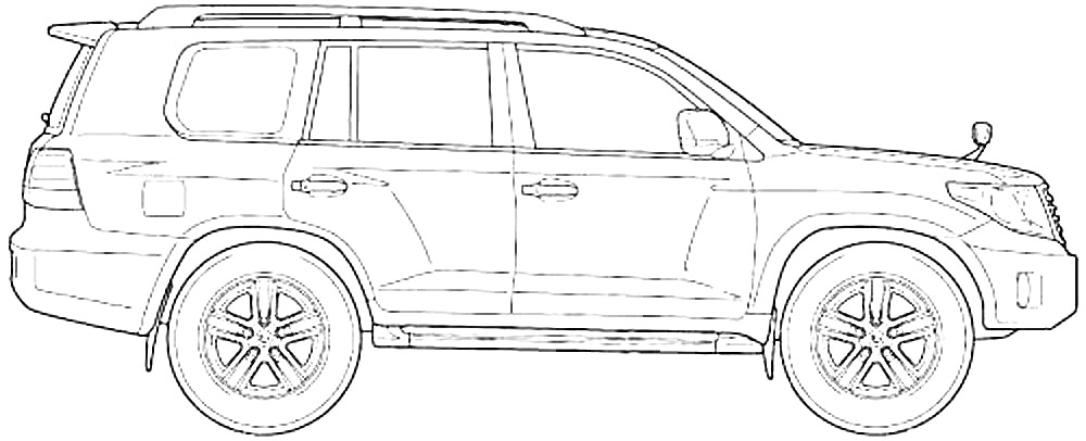 Раскраска Ленд Крузер, вид сбоку, четыре двери, боковые зеркала, колеса, антенна, крыша с багажником