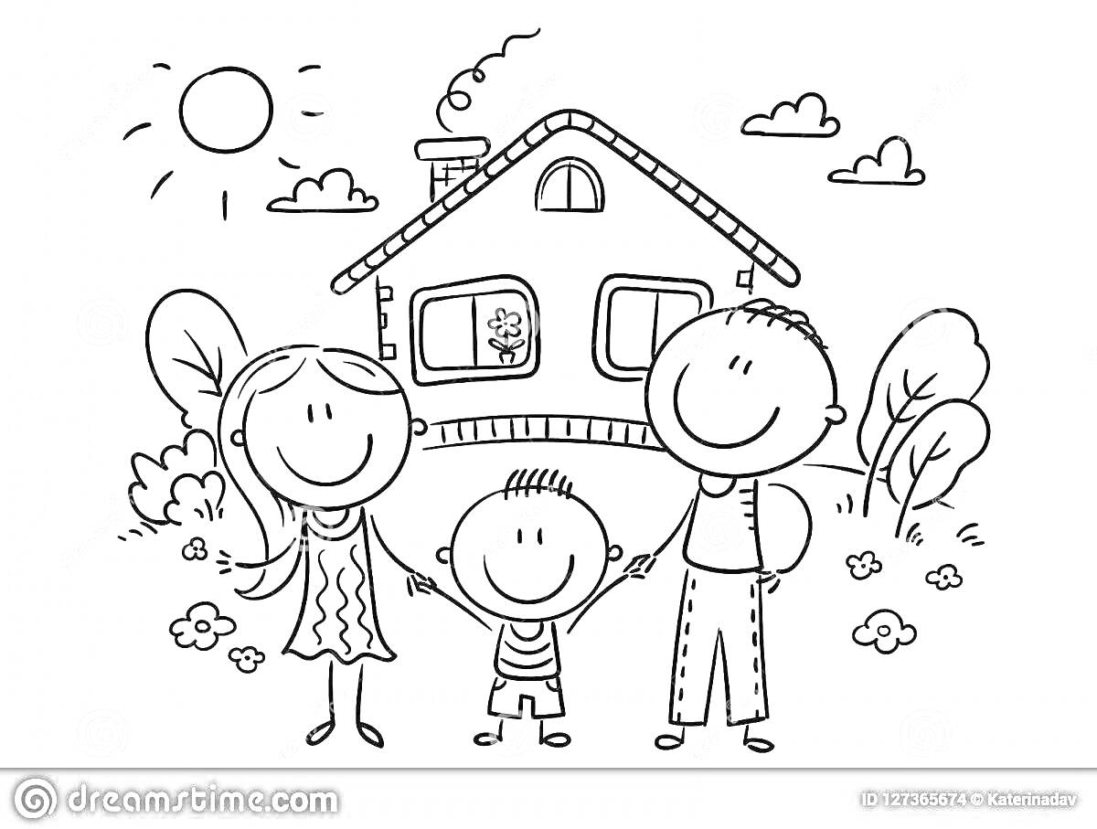 Раскраска Счастливая семья на фоне дома с садом, солнцем и облаками
