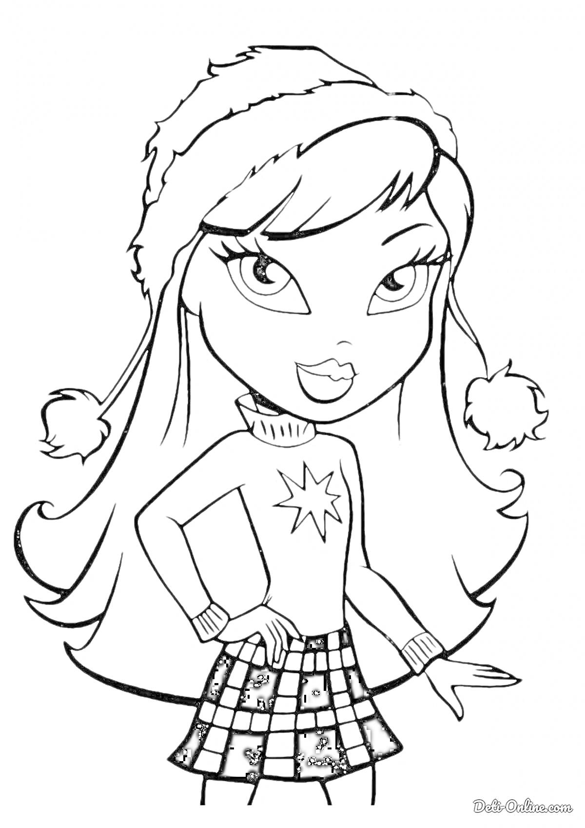 Раскраска Девочка Братц в зимней шапке и свитере со звездой, в клетчатой юбке