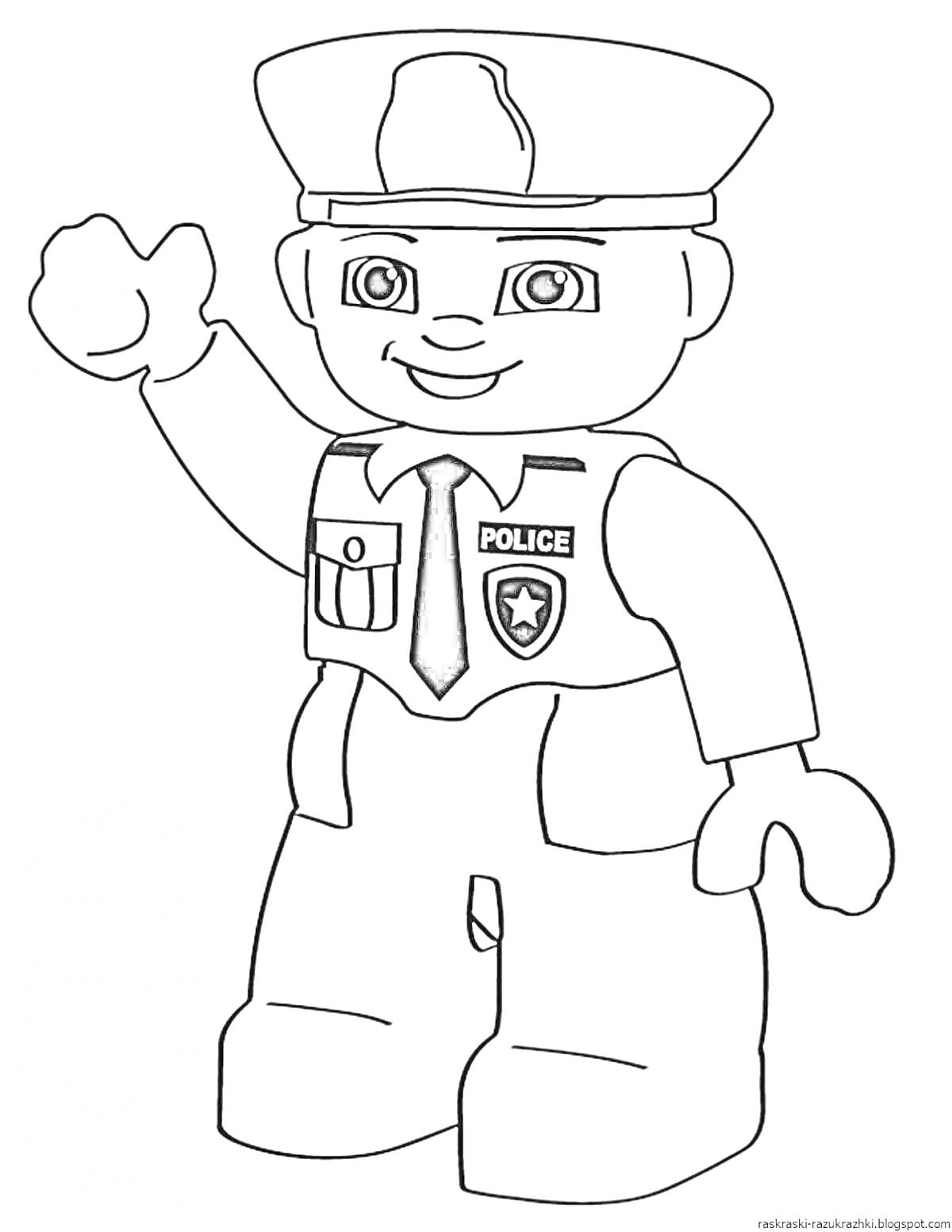Раскраска Полицейский в форме с приветственным жестом (игрушечный стиль), элементы: полицейская форма, полицейская кепка, значок, галстук, надпись 