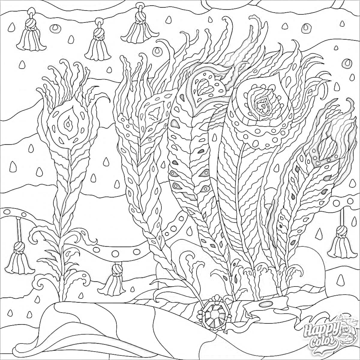 Раскраска Абстрактная композиция с разноцветными павлиньими перьями на фоне ночного неба с звездами и желтыми подвесками