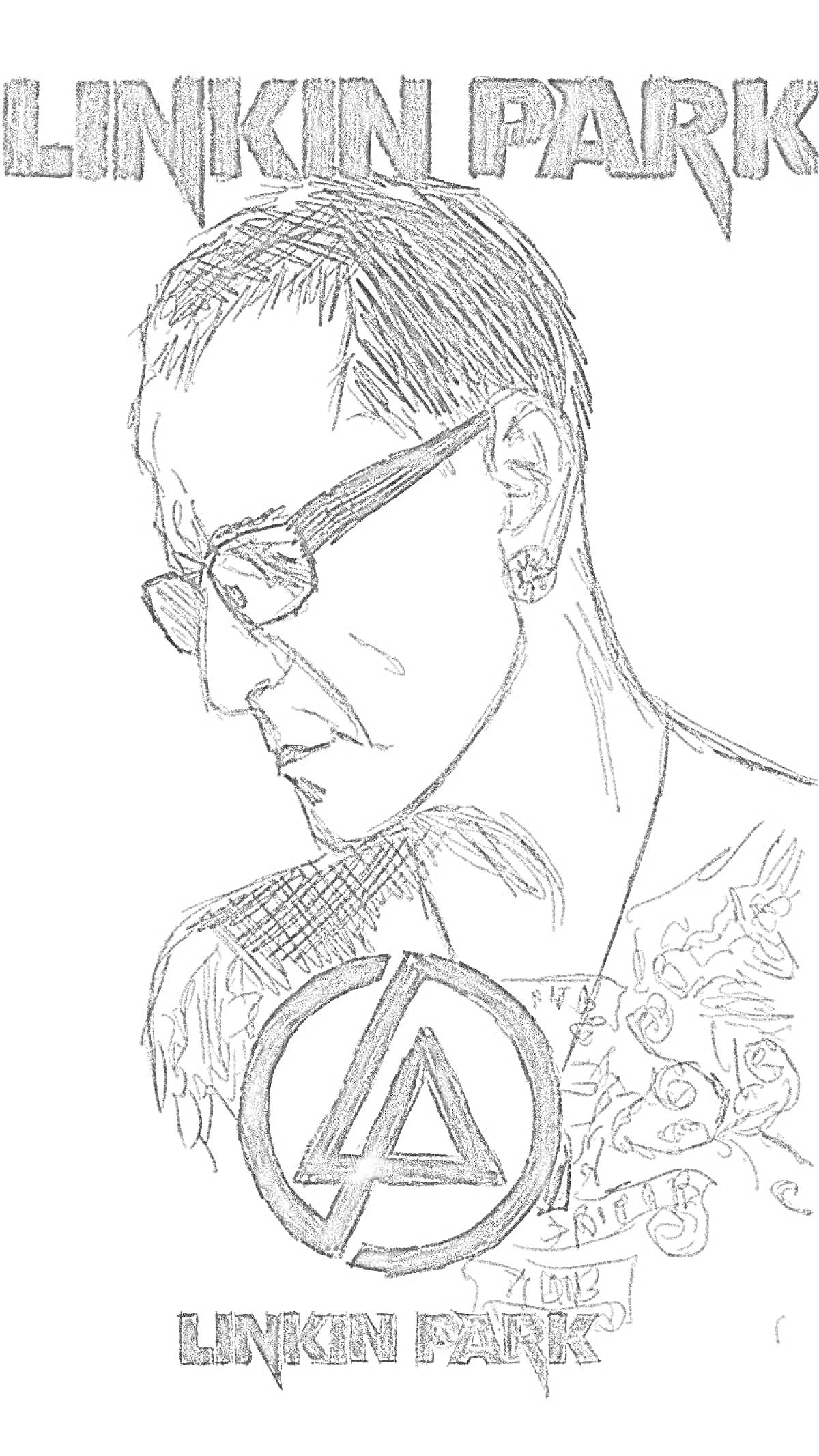 Раскраска Портрет с лого Linkin Park, очки, цепочка, татуировки