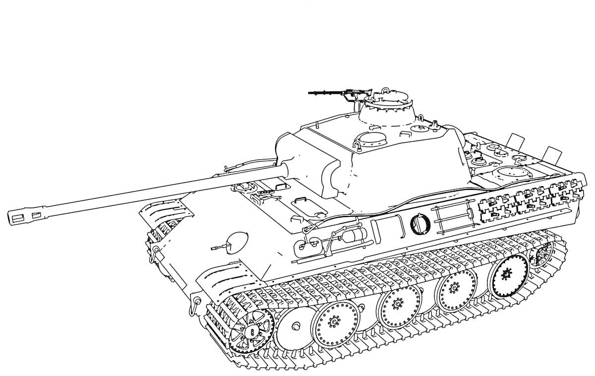 Раскраска Немецкий средний танк Пантера с длинноствольной пушкой, открытым люком и гаубицей на крыше.