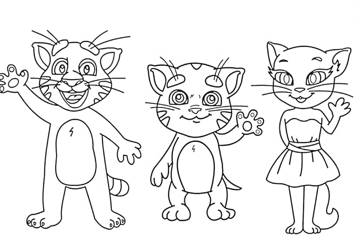 Раскраска Три говорящих кота, два в полный рост с пятнами, один в платье и без пятен