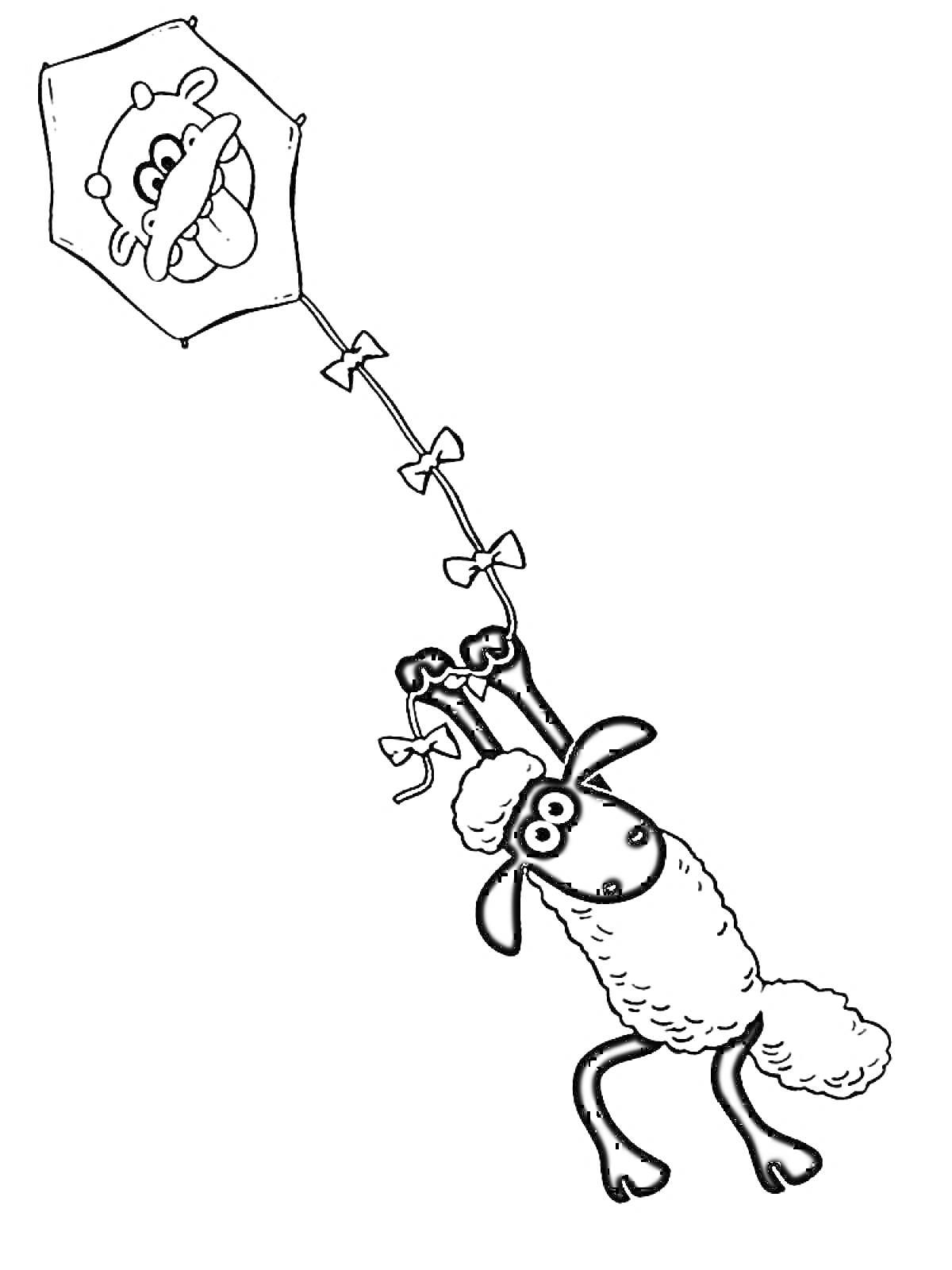 Барашек Шон держит воздушного змея с изображением собаки