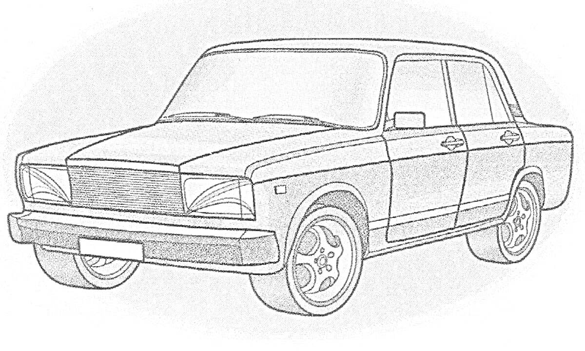 На раскраске изображено: ВАЗ 2105, Транспорт, Седан, Колёса, Фары, Лобовое стекло, Покрышки