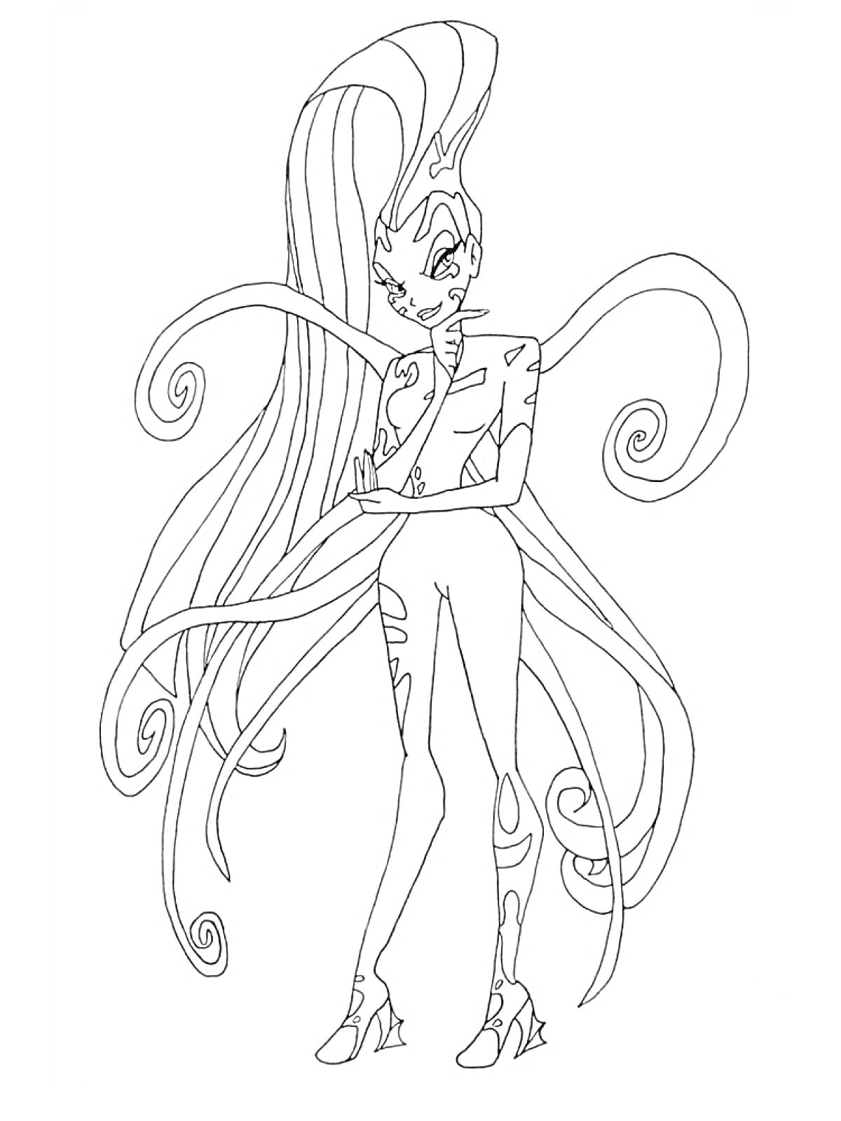 Раскраска Волшебница с длинными волосами и закрученными локонами