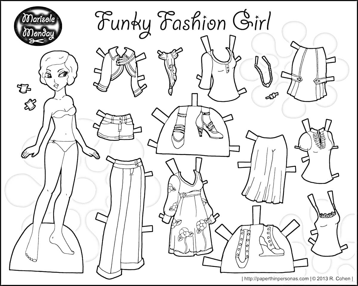 Раскраска девочка с одеждой (топы, шорты, юбка, брюки, платье, обувь, заколка и сумочка)