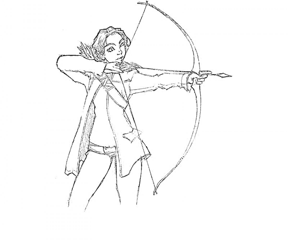 Раскраска Девушка с луком и стрелой, натягивающая тетиву